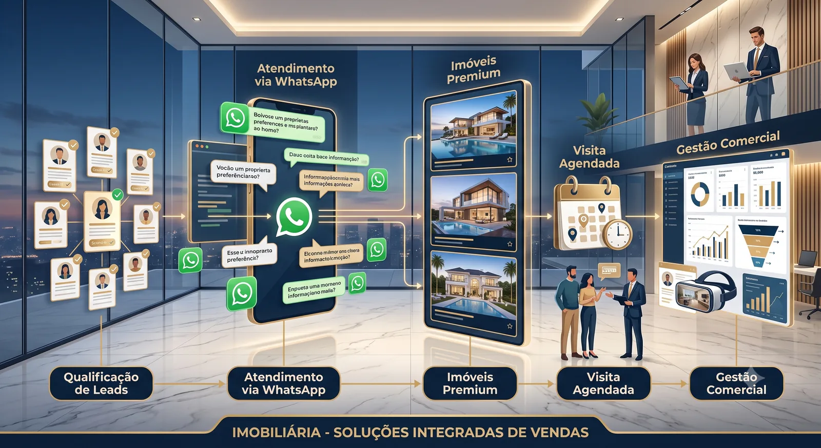 Jornada de imobiliária com qualificação de leads, atendimento via WhatsApp, visita agendada e gestão comercial